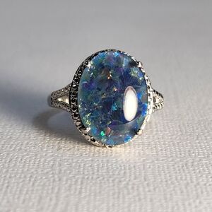 VTG NIB Natural Blue Opal Solitaire Zircon 925 Silver Vintage Custom Ring Sz 8
